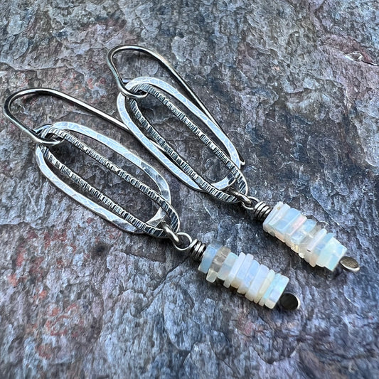 Genuine Opal Sterling Silver Earrings - Natural Opal on Elongated Hammered Dangles