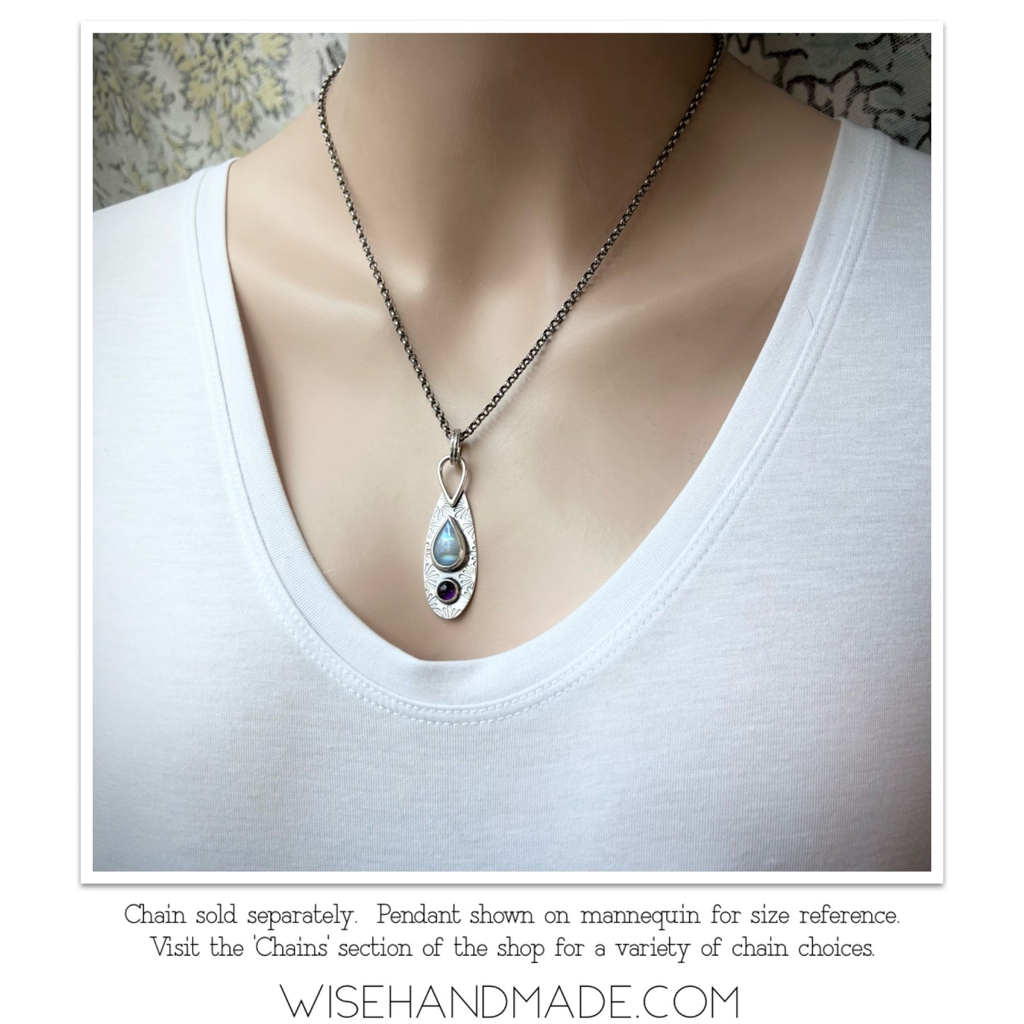 Rainbow Moonstone and Amethyst Sterling Silver Pendant - Handmade One-of-a-kind Pendant