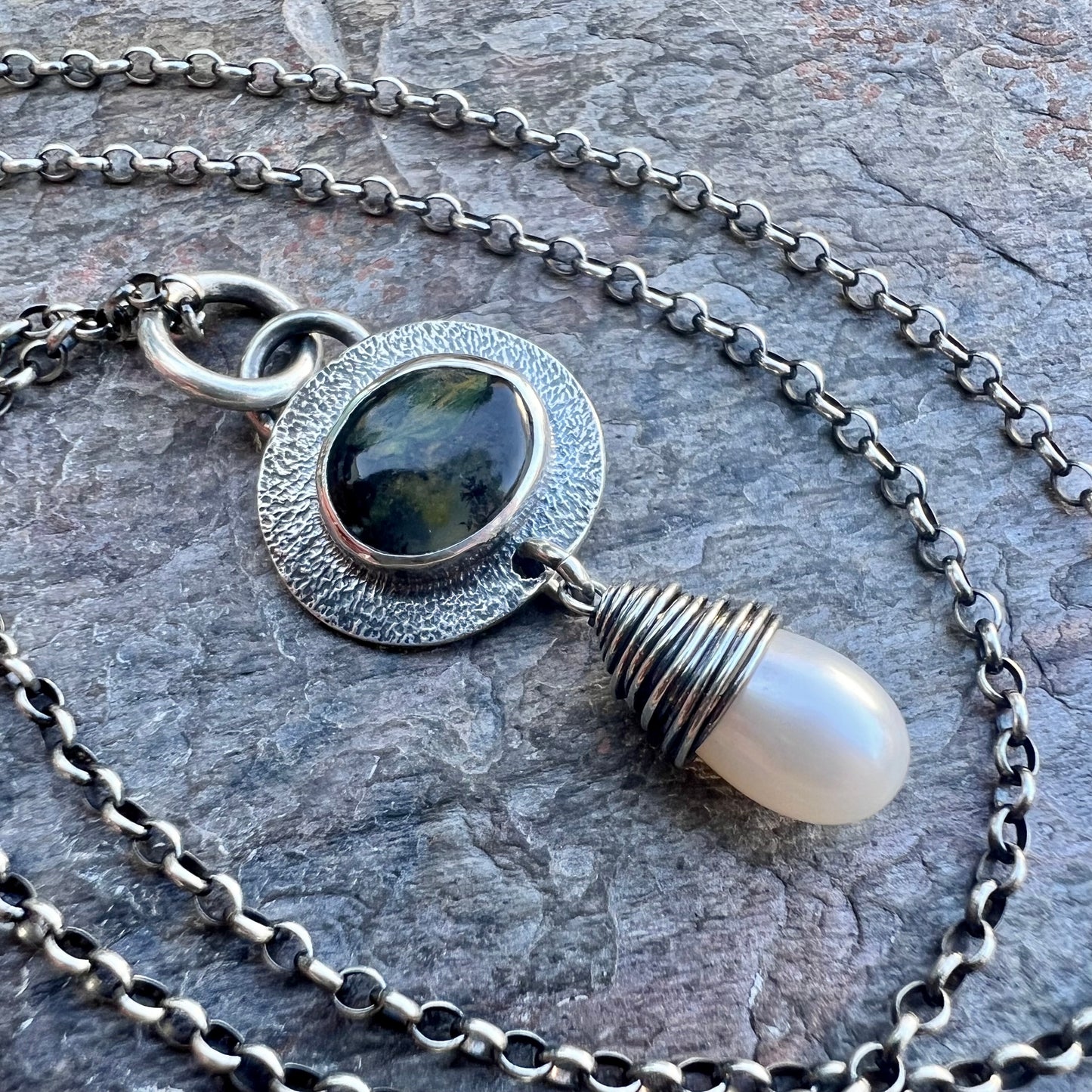 Sterling Silver Opal and Pearl Necklace - Genuine Peruvian Opal and Fresh Water Pearl Pendant - Handmade Jewelry Unique Gift for Her