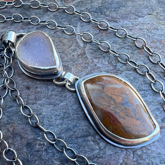 Sterling Silver Ocean Jasper and Druzy Necklace - Handmade One-of-a-kind Pendant on Sterling Silver Chain