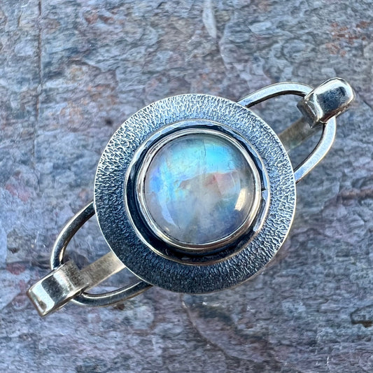 Rainbow Moonstone Sterling Silver Bracelet - Handmade One-of-a-kind Tension Cuff Bracelet