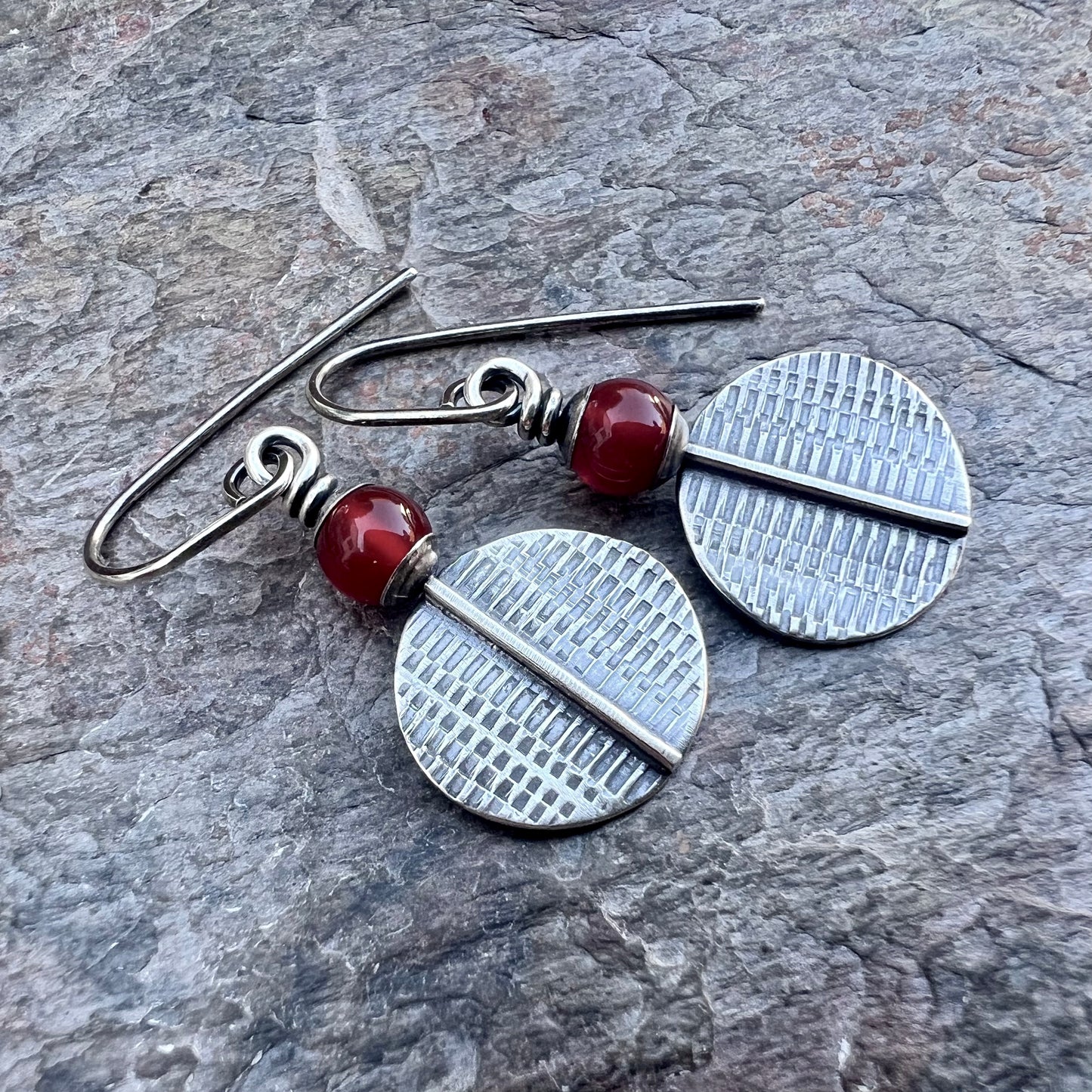 Carnelian Sterling Silver Earrings - Carnelian and Textured Sterling Silver on Handmade Earwires
