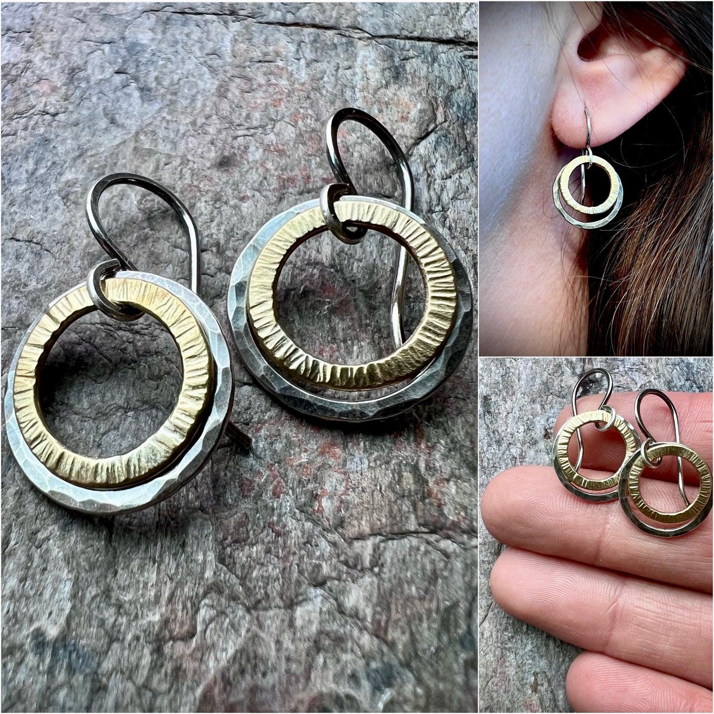 Sterling Silver Mixed Metal Earrings - Hammered Sterling Silver and Brass Earrings