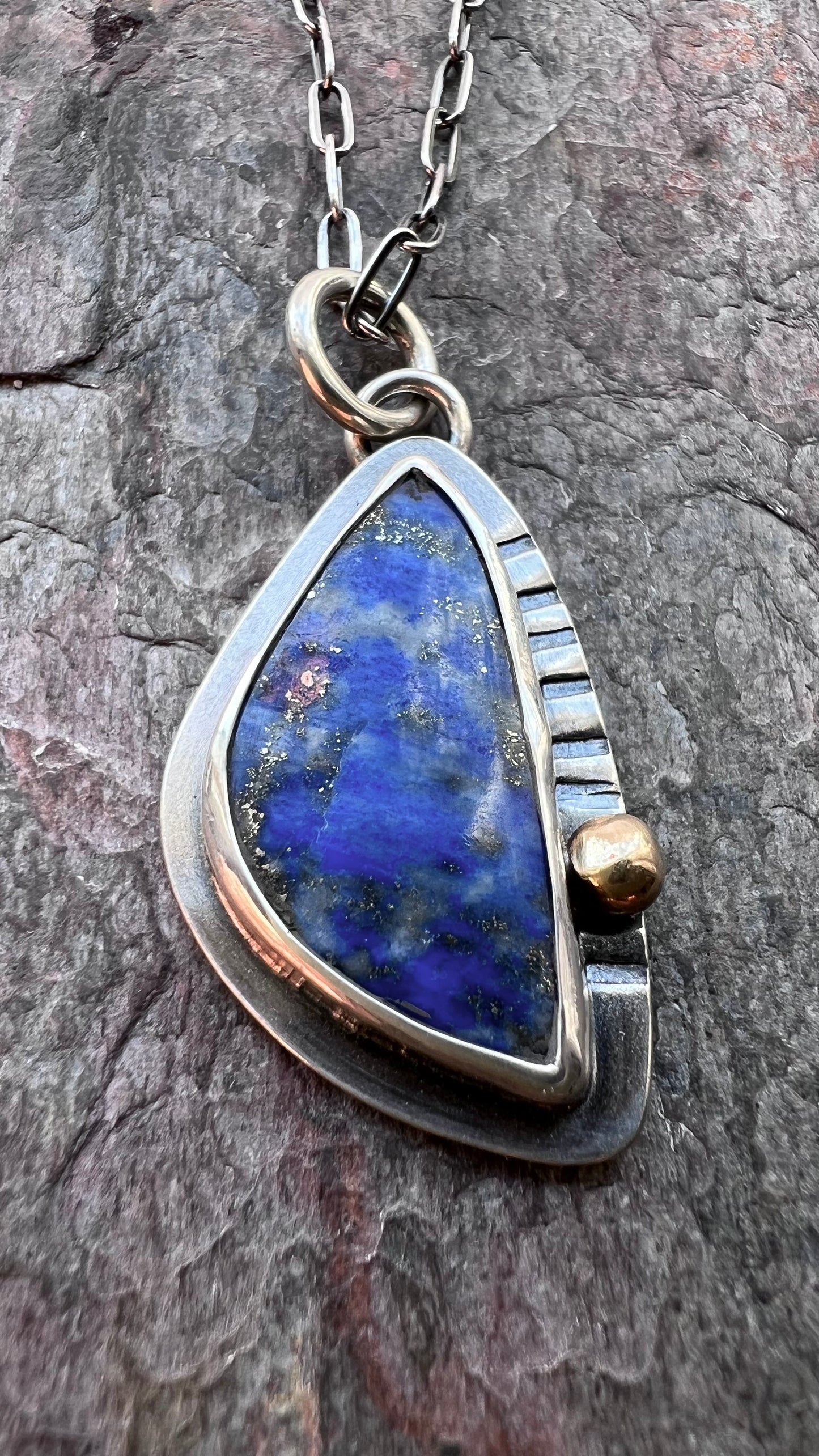 Sterling Silver Lapis Necklace One of a Kind Natural Stone Freeform Blue Pendant