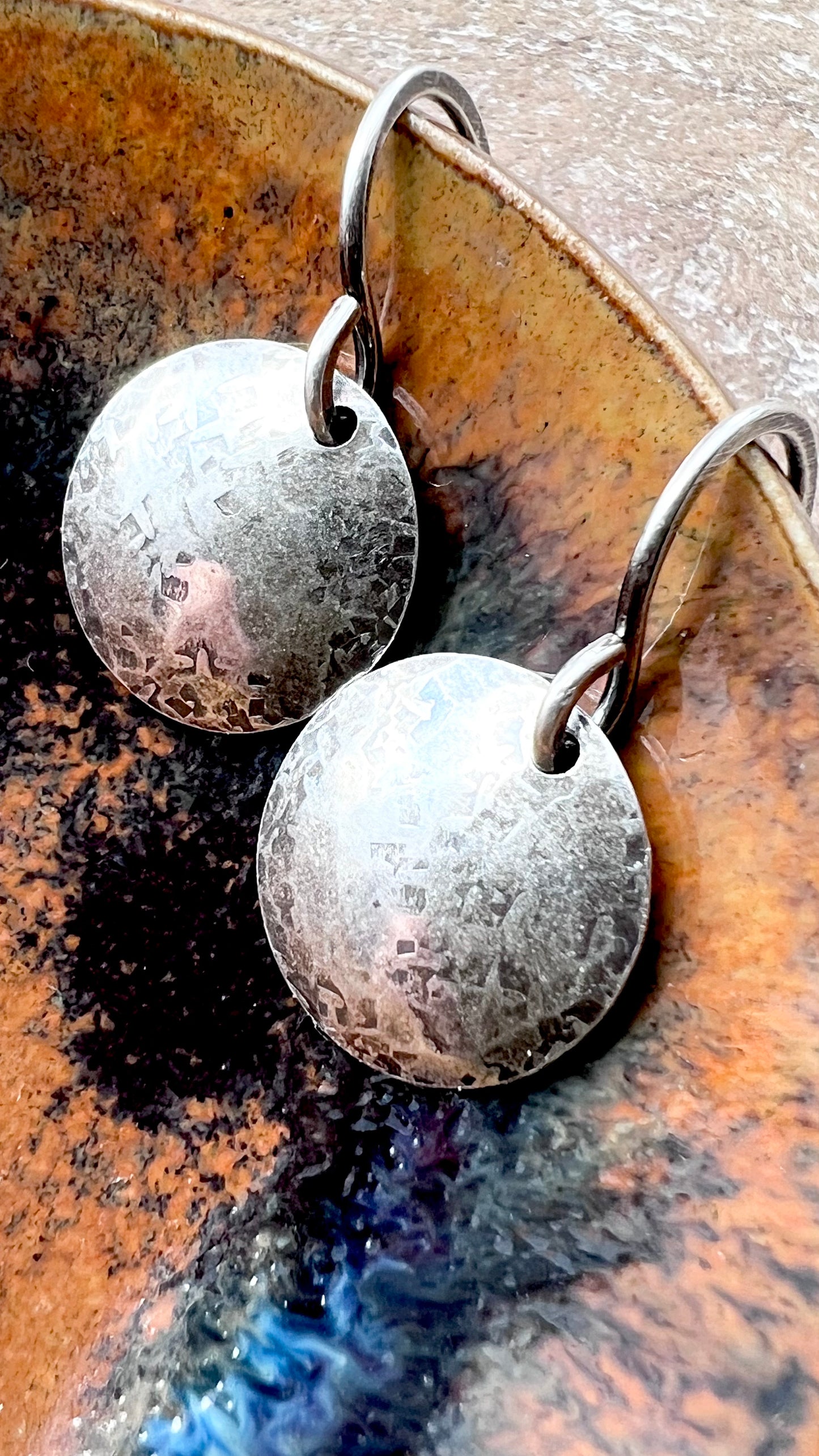 Sterling Silver Disc Earrings Minimalist Solid Silver Hammered Drop Dangle Earrings
