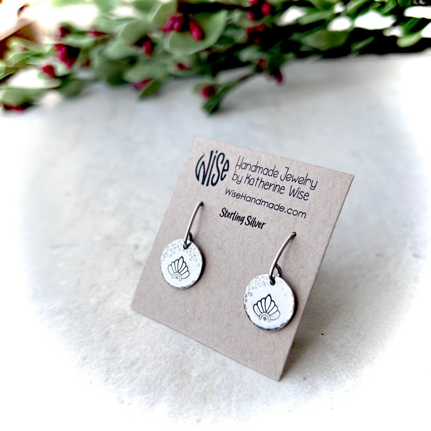 Sterling Silver Stamped Flower Petal Earrings | Small Hammered Circle Dangle Earrings