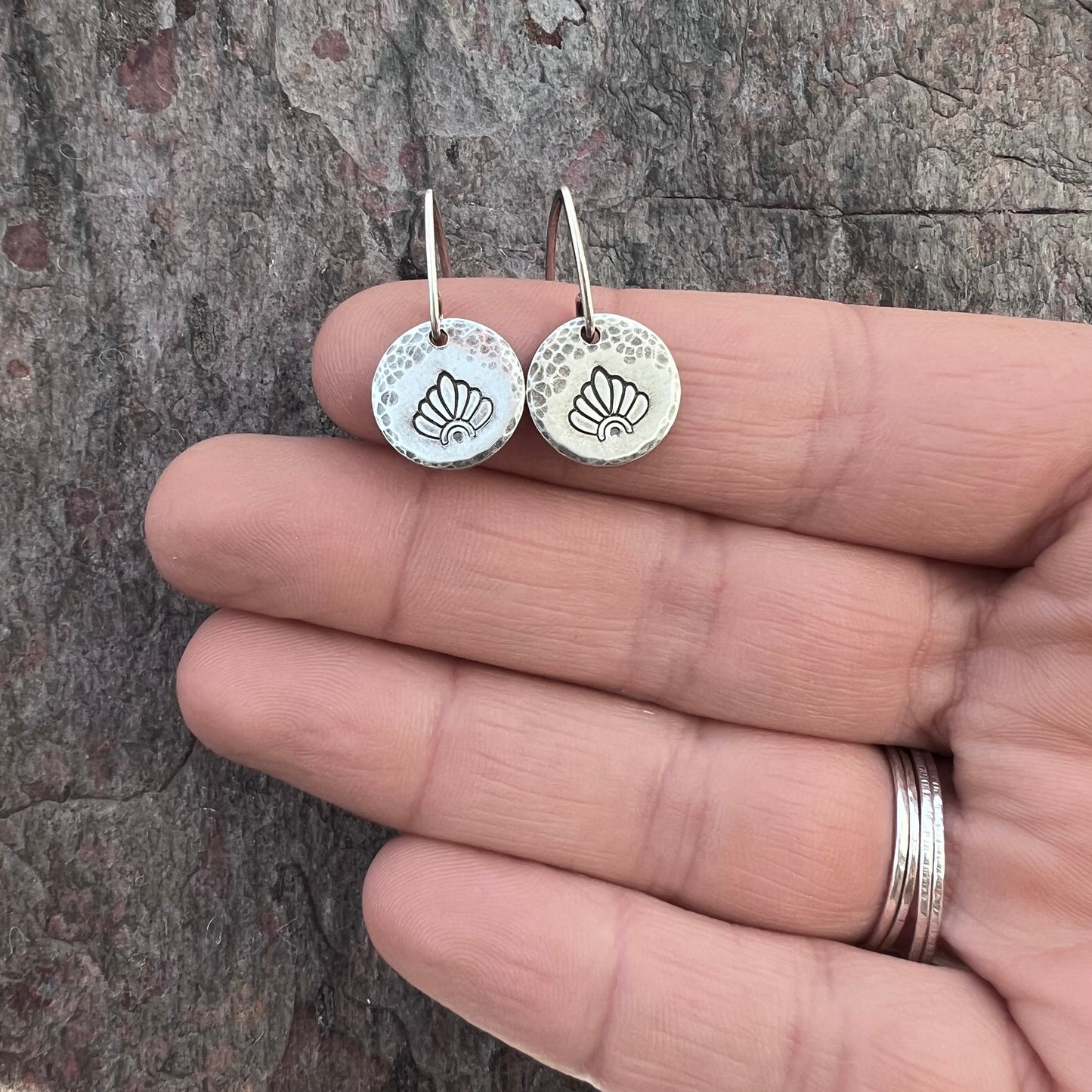 Sterling Silver Stamped Flower Petal Earrings | Small Hammered Circle Dangle Earrings