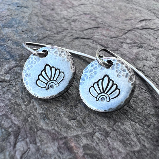 Sterling Silver Stamped Flower Petal Earrings | Small Hammered Circle Dangle Earrings