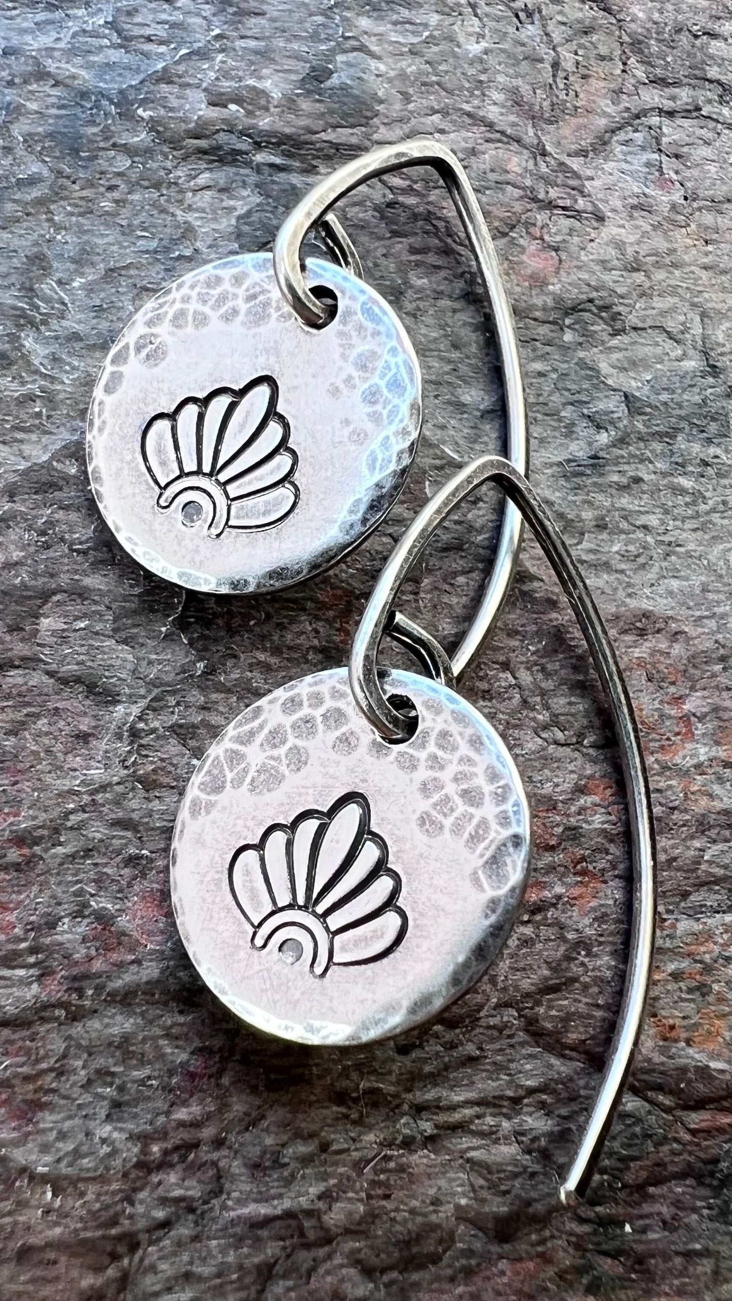 Sterling Silver Stamped Flower Petal Earrings | Small Hammered Circle Dangle Earrings