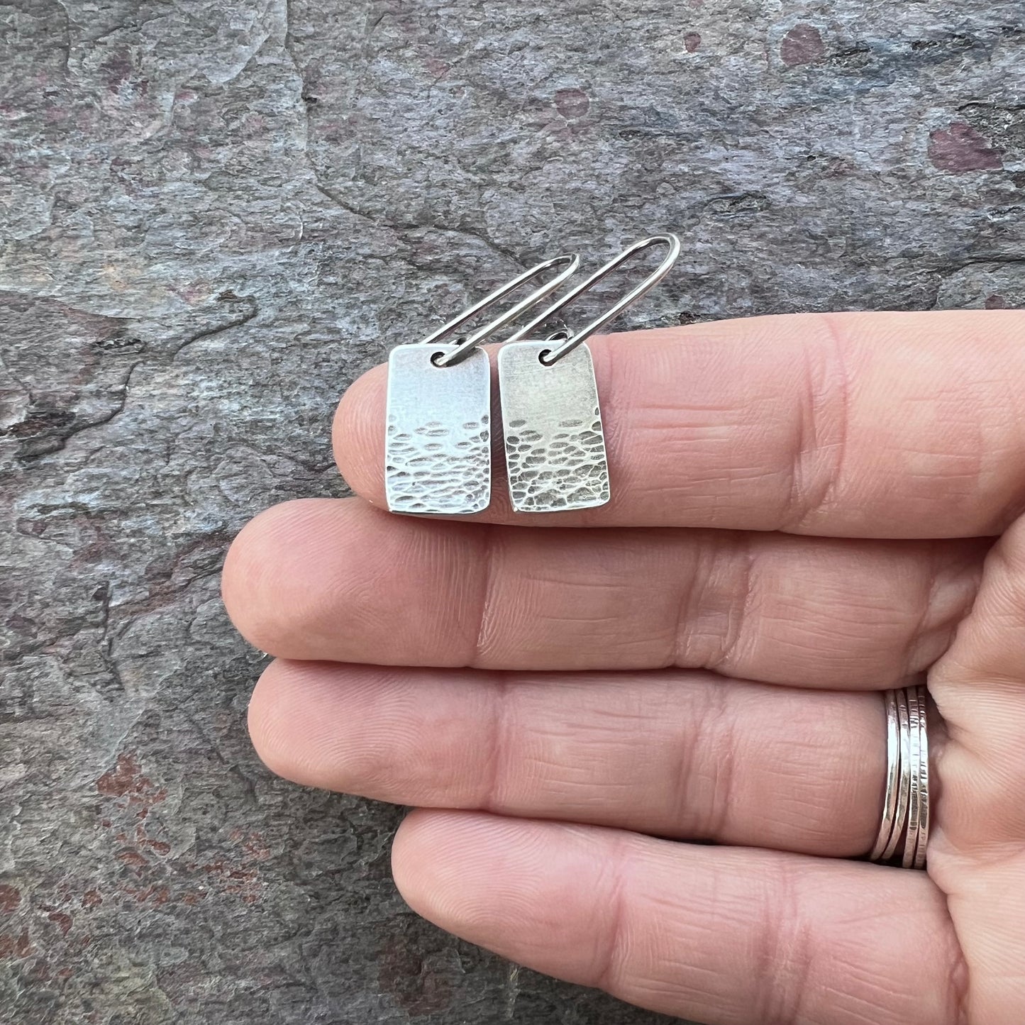 Rectangle Sterling Silver Earrings Solid Silver Hammered Rectangular Small Everyday Earrings