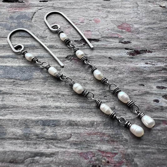 Sterling Silver Pearl Earrings | Long Genuine Pearl Silver or Gold Dangle Earrings