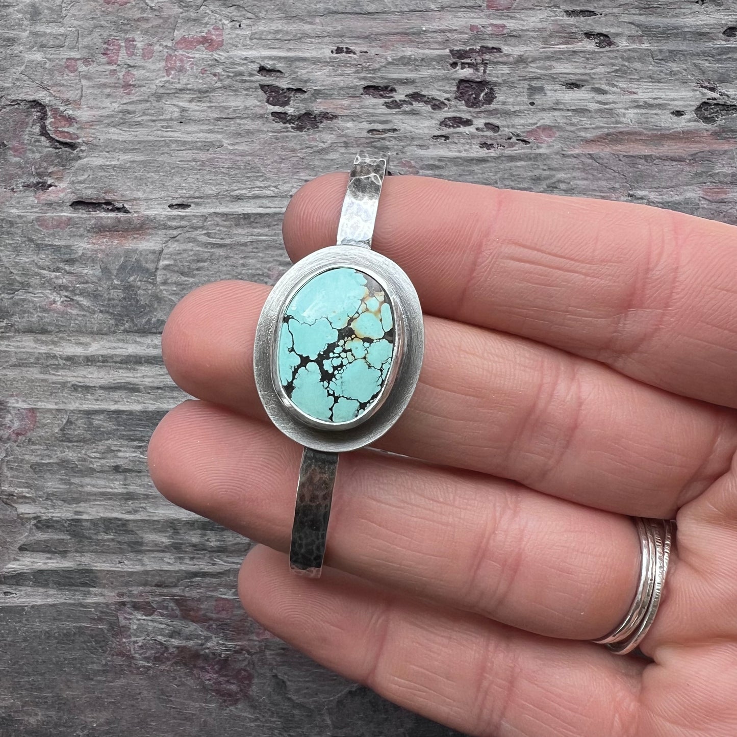 Sterling Silver Turquoise Bracelet | Genuine Natural Turquoise Hammered Cuff Bracelet