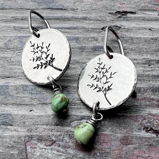 Sterling Silver Turquoise Earrings | Sprig Leaf Dangle Earrings with Genuine Turquoise Beads
