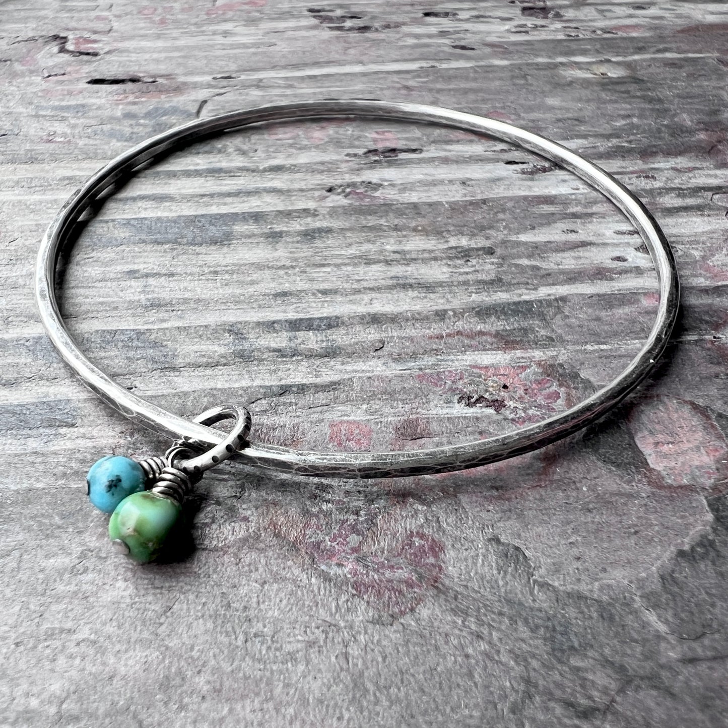 Sterling Silver Turquoise Bracelet | Genuine Turquoise and Hammered Silver Bangle Bracelet