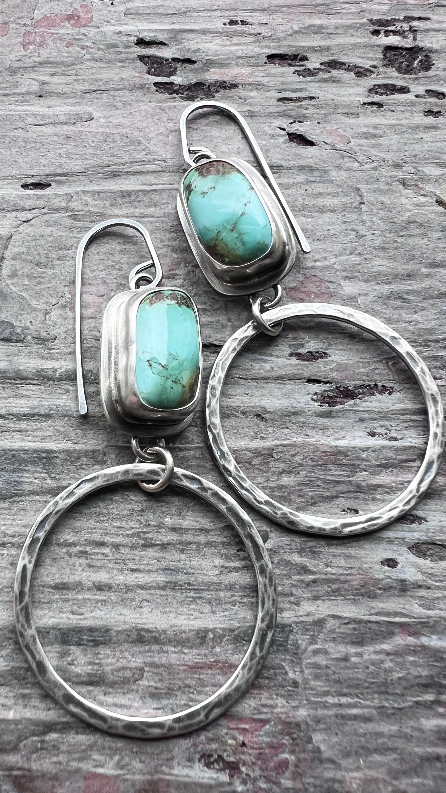 Turquoise Sterling Silver Earrings | Genuine Natural Turquoise and Hammered Hoops
