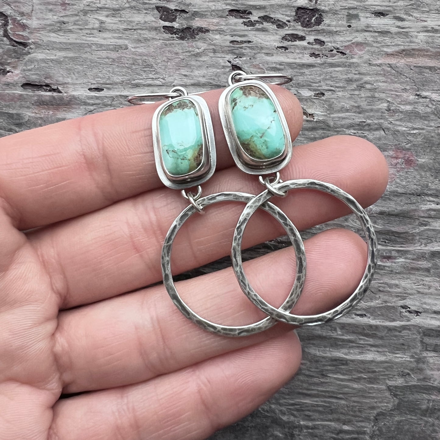 Turquoise Sterling Silver Earrings | Genuine Natural Turquoise and Hammered Hoops