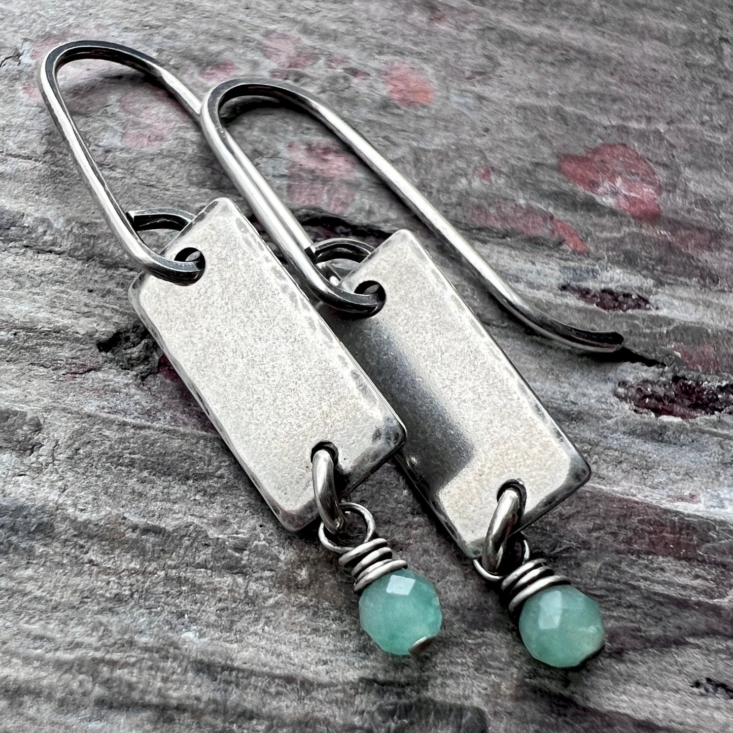 Customizable Sterling Silver Birthstone Earrings | Tiny Genuine Gemstone on Small Silver Bar Dangle Earrings