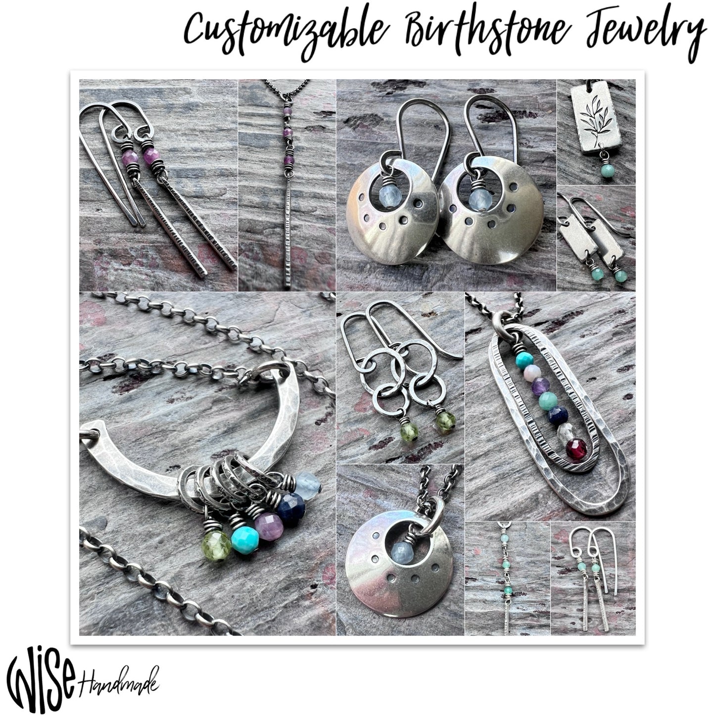 Customizable Sterling Silver Birthstone Necklace | Genuine Gemstone Hammered Long Oval Pendant