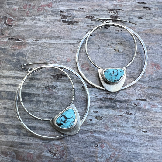 Sterling Silver Genuine Turquoise Hoops | Large Statement Earrings with Natural Stone