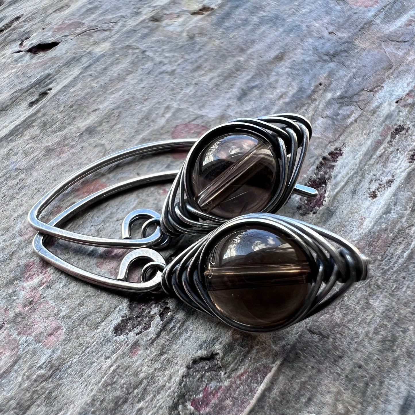 Sterling Silver Smoky Quartz Earrings | Brown Natural Stone Wire-wrapped Dangle Earrings