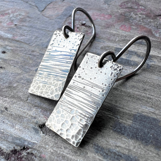 Sterling Silver Hammered Earrings | Artsy Multi Textured Rectangle Earrings
