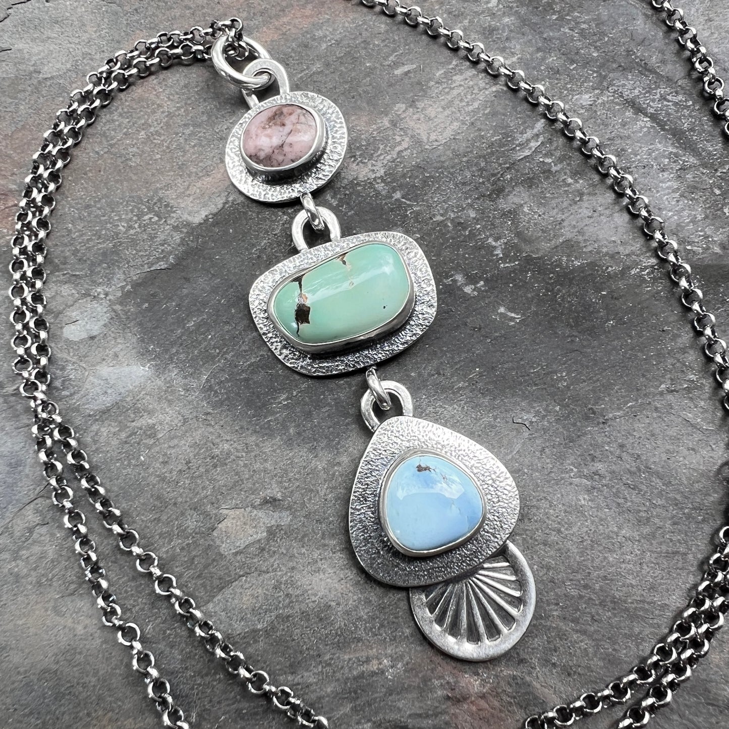 Turquoise and Rhodonite Sterling Silver Necklace | Artisan One-of-a-kind Multi Stone Pendant