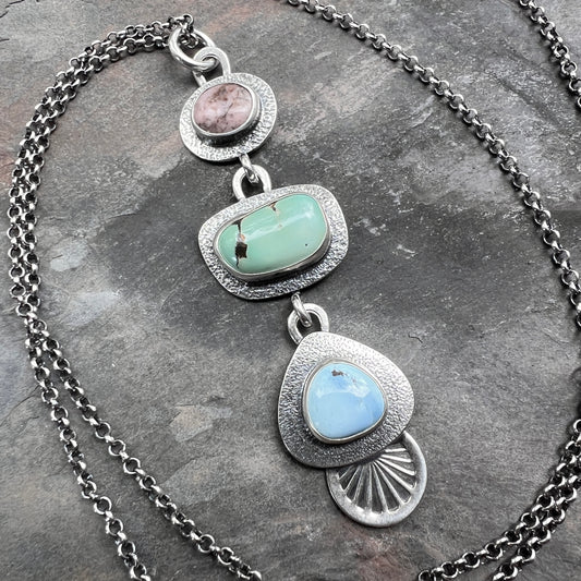 Turquoise and Rhodonite Sterling Silver Necklace | Artisan One-of-a-kind Multi Stone Pendant