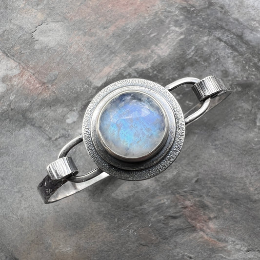 Sterling Silver Rainbow Moonstone Bracelet | Natural Stone Cabochon Silver Cuff Bracelet