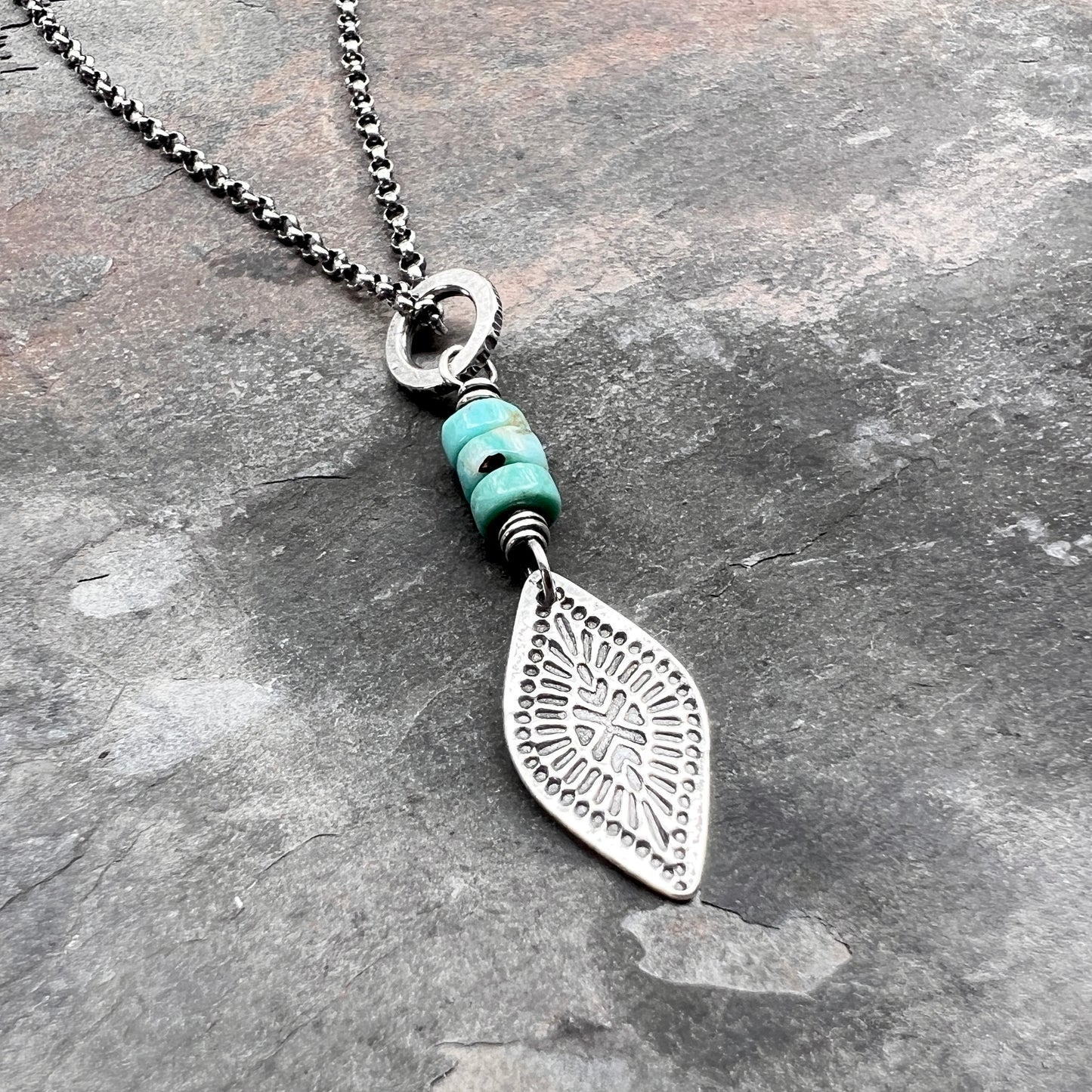 Genuine Turquoise Sterling Silver Necklace | Natural Stone Beads with Stamped Pendant
