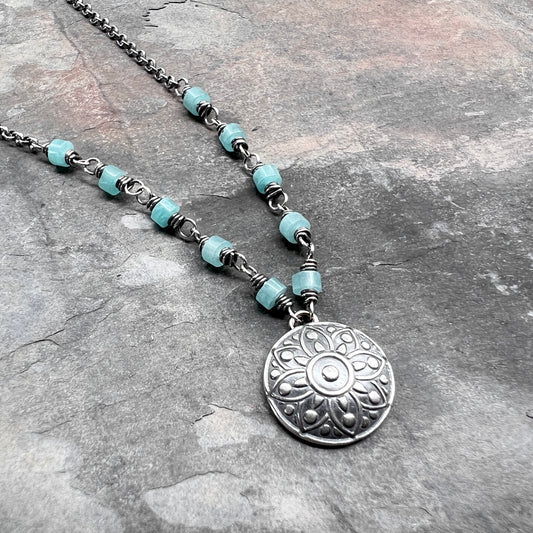 Sterling Silver Medallion and Amazonite Necklace | Natural Aqua Stones with Circle Pendant