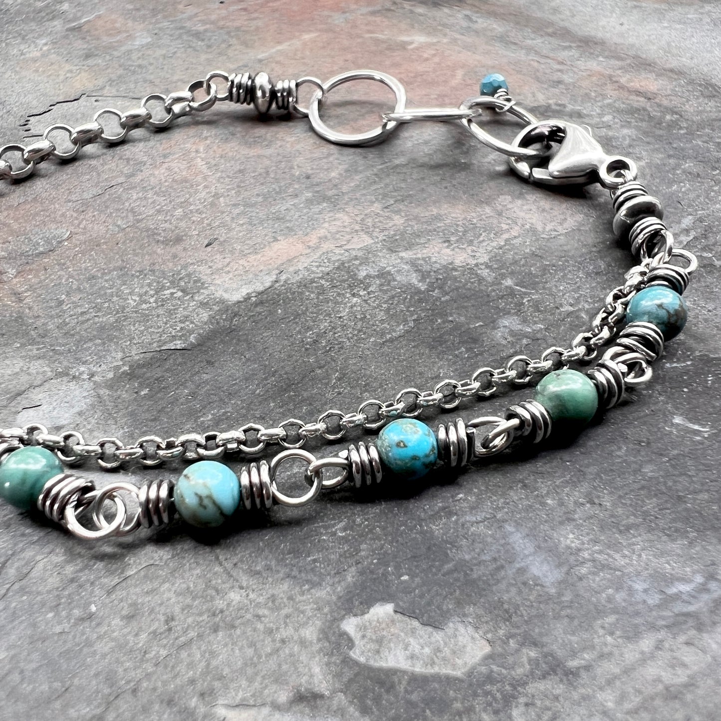 Sterling Silver Turquoise Bracelet | Genuine Turquoise Wire-wrapped Chain Bracelet