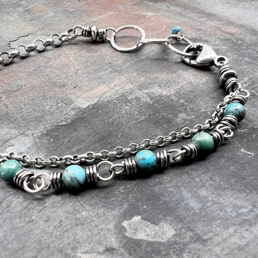 Sterling Silver Turquoise Bracelet | Genuine Turquoise Wire-wrapped Chain Bracelet