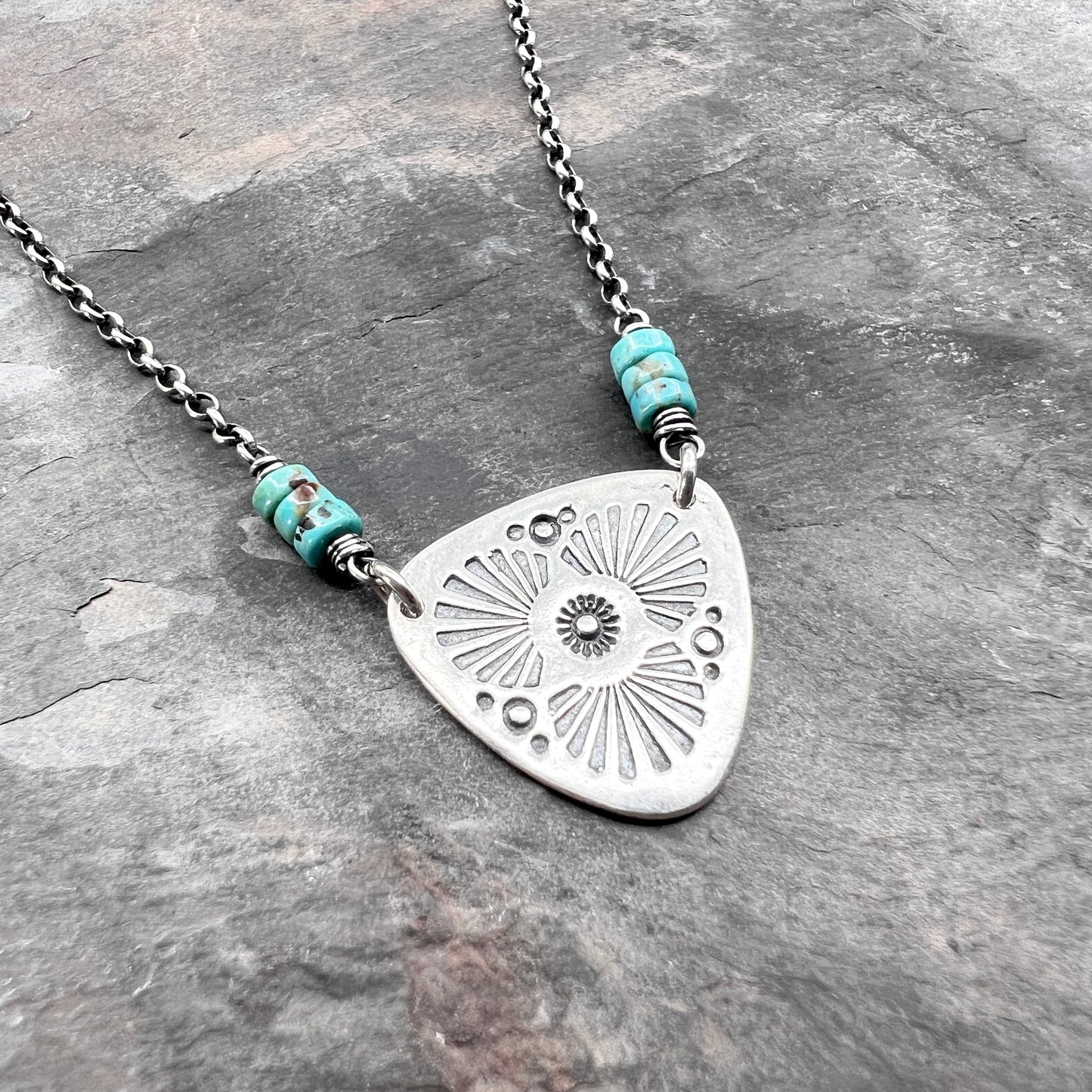 Genuine Turquoise Sterling Silver Necklace | Natural Stone and Stamped Triangular Pendant