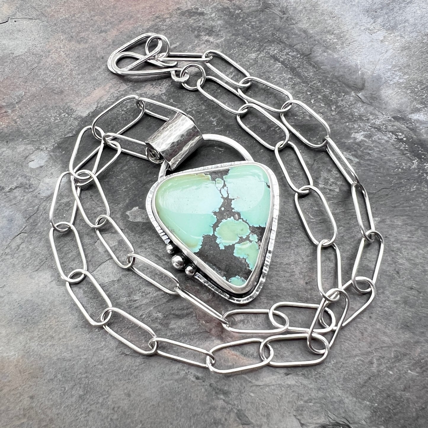 Sterling Silver Turquoise Necklace | Large Genuine Turquoise Pendant on Handmade Chain