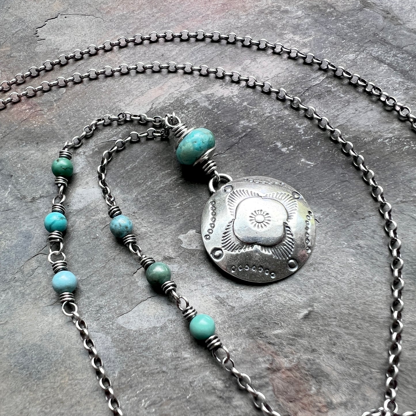Sterling Silver Turquoise Necklace | Stamped Pendant with Genuine Turquoise Stone Beads