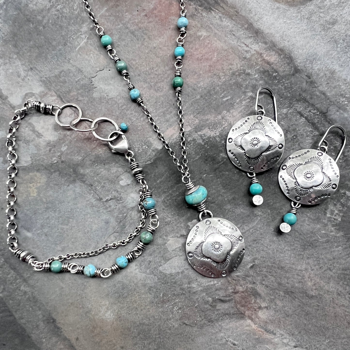 Sterling Silver Turquoise Necklace | Stamped Pendant with Genuine Turquoise Stone Beads