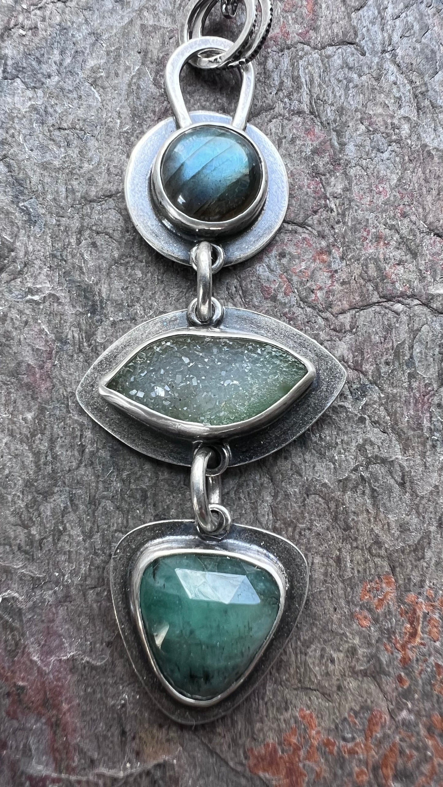 SOLD Sterling Silver Labradorite, Druzy, and Emerald Necklace - Handmade One-of-a-kind Pendant on Sterling Silver Chain