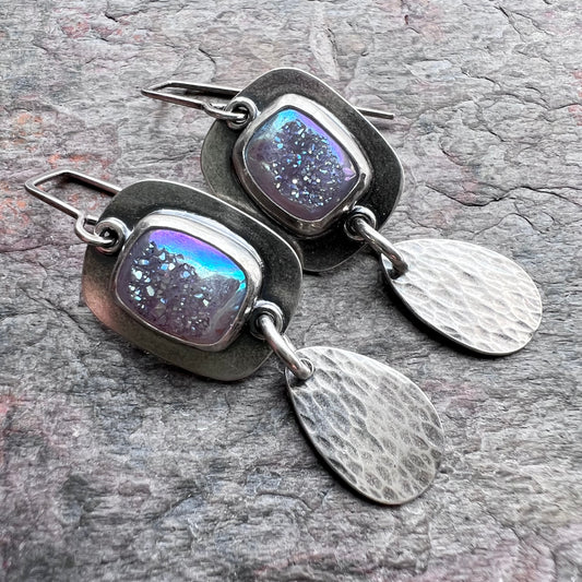 Sterling Silver Druzy Earrings - Handmade One-of-a-kind Agate Druzy and Teardrop Earrings