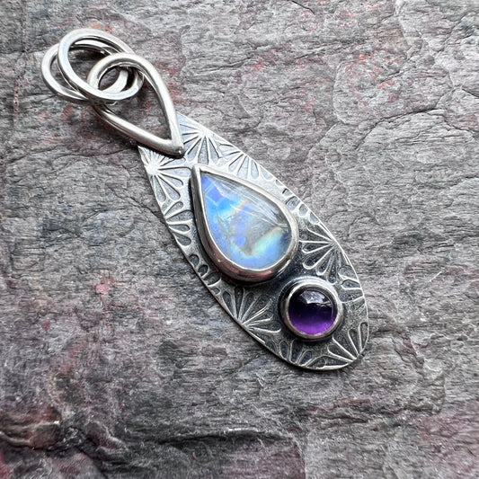 Rainbow Moonstone and Amethyst Sterling Silver Pendant - Handmade One-of-a-kind Pendant