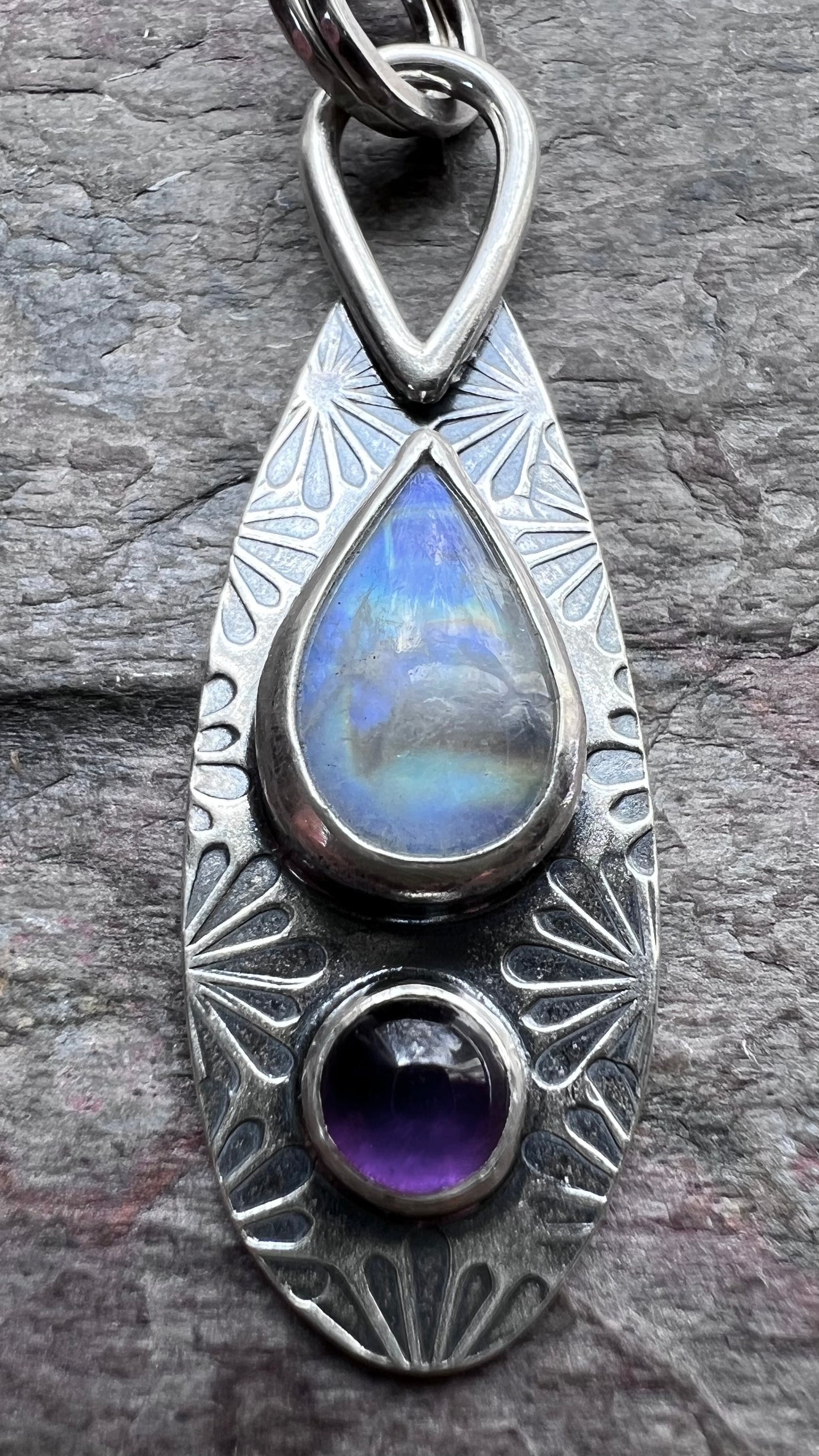 Rainbow Moonstone and Amethyst Sterling Silver Pendant - Handmade One-of-a-kind Pendant