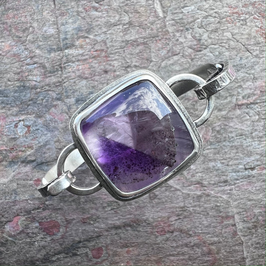 Amethyst Sterling Silver Bracelet - Handmade One-of-a-kind Tension Cuff Bracelet