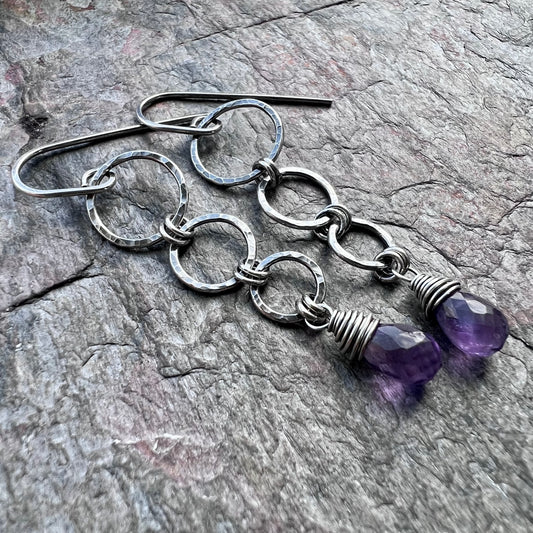 Sterling Silver Amethyst Earrings - Genuine Amethyst and Hammered Silver Long Dangle Earrings