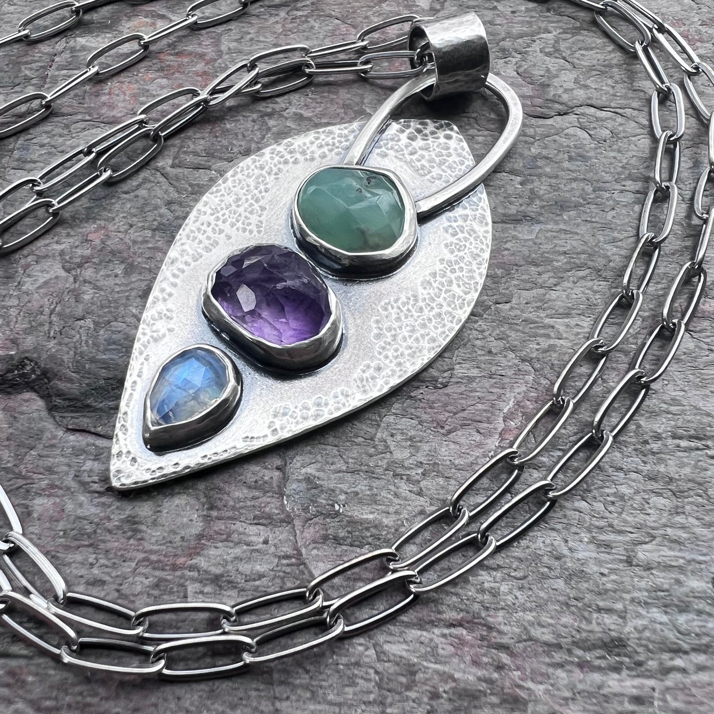 Chrysoprase, Amethyst, and Rainbow Moonstone Sterling Silver Necklace - Handmade One-of-a-kind Pendant on Sterling Silver Chain