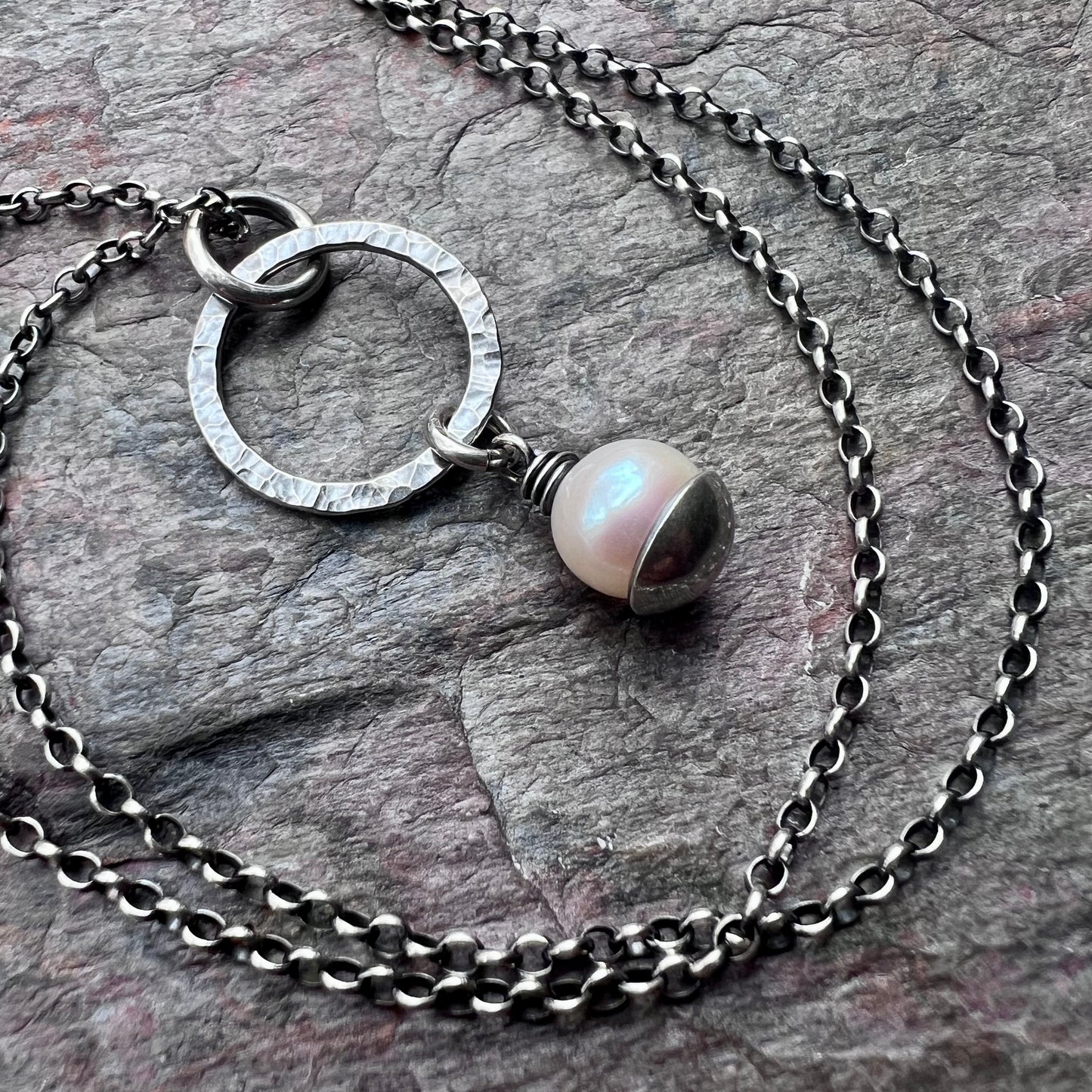 Sterling Silver Pearl Necklace - Genuine Freshwater Pearl and Hammered Ring Pendant