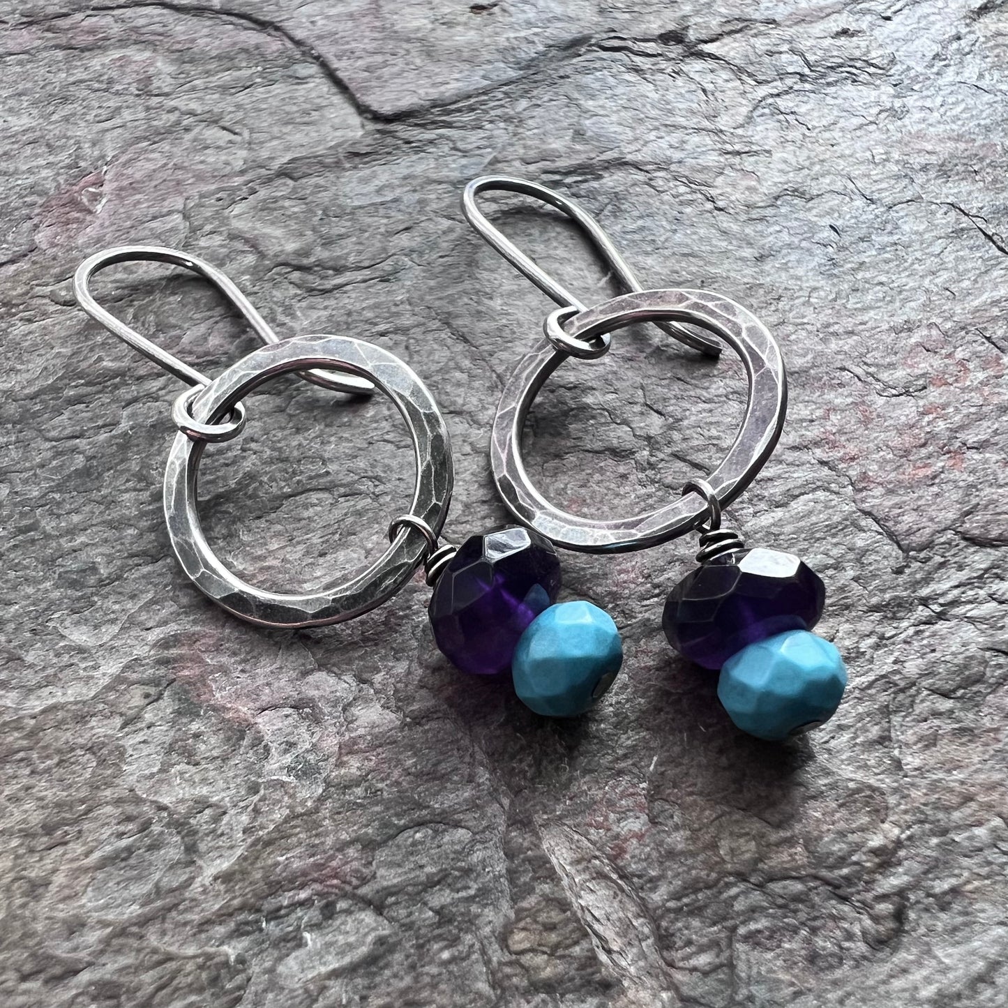 Amethyst and Turquoise Sterling Silver Earrings - Amethyst and Turquoise on Hammered Sterling Silver Rings