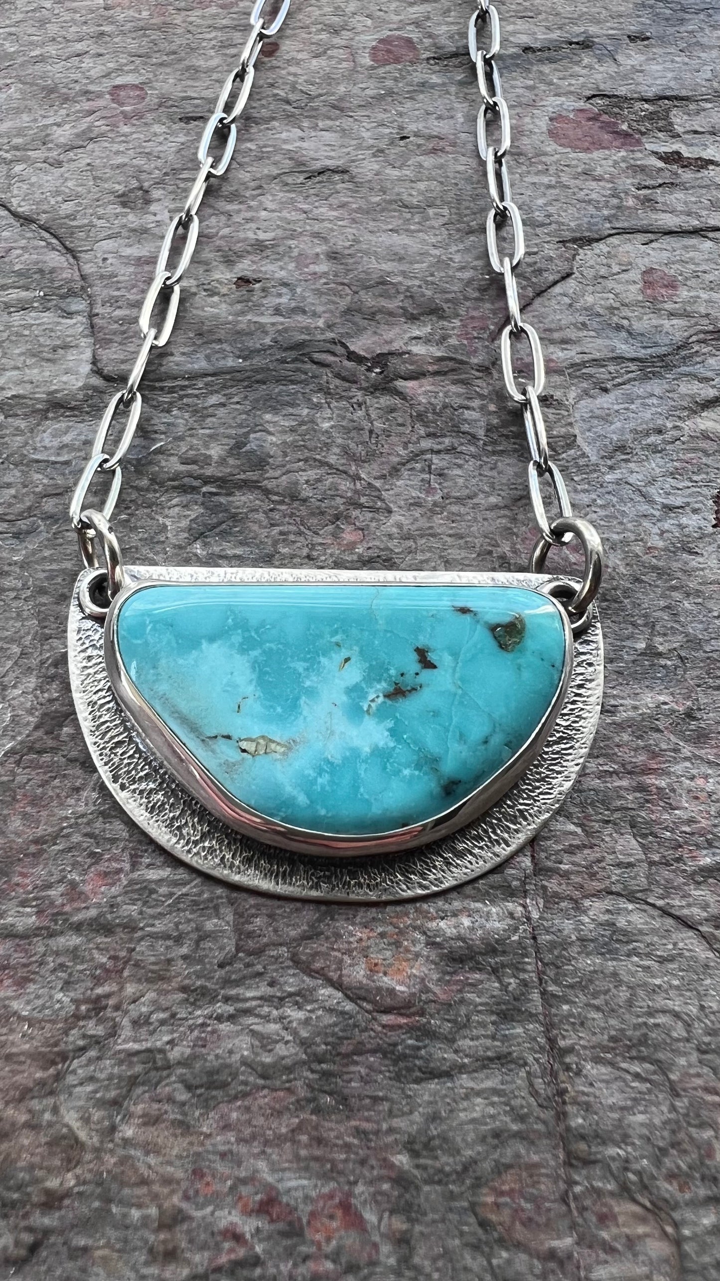 Turquoise and Sterling Silver Semicircle Pendant - One-of-a-Kind Turquoise Statement Necklace