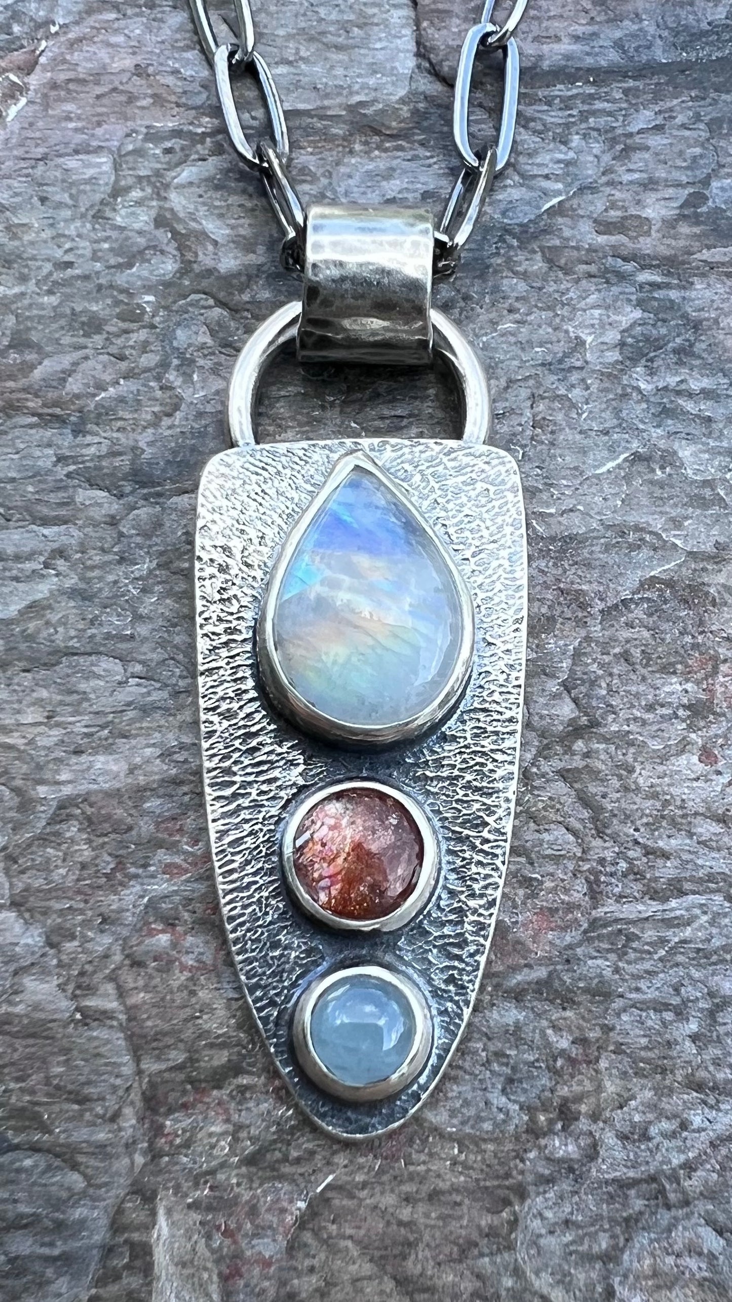 Rainbow Moonstone, Sunstone, and Aquamarine Pendant - Handmade One-of-a-kind Pendant