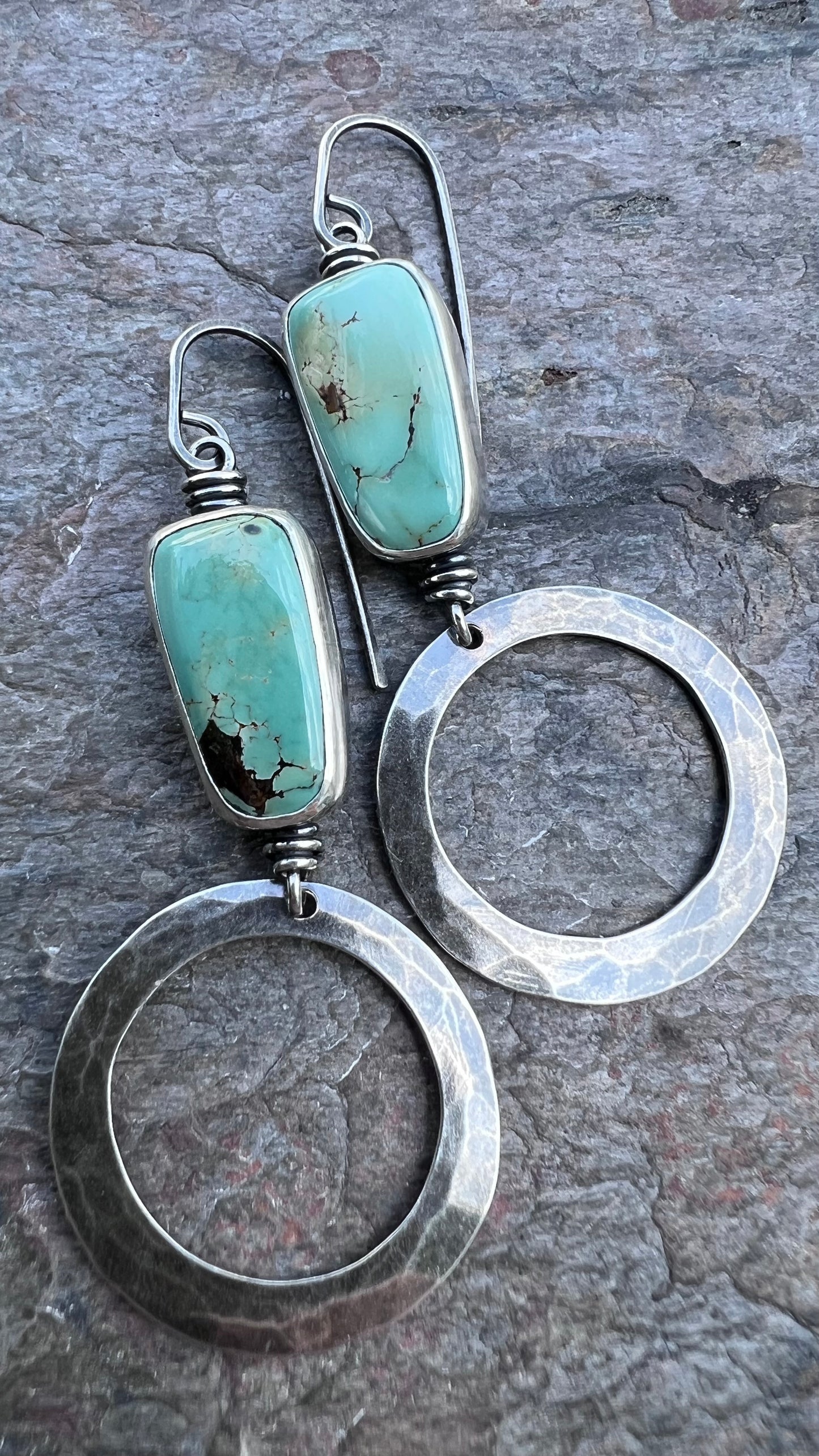 Turquoise Sterling Silver Hammered Hoop Earrings - Handmade One-of-a-kind Earrings