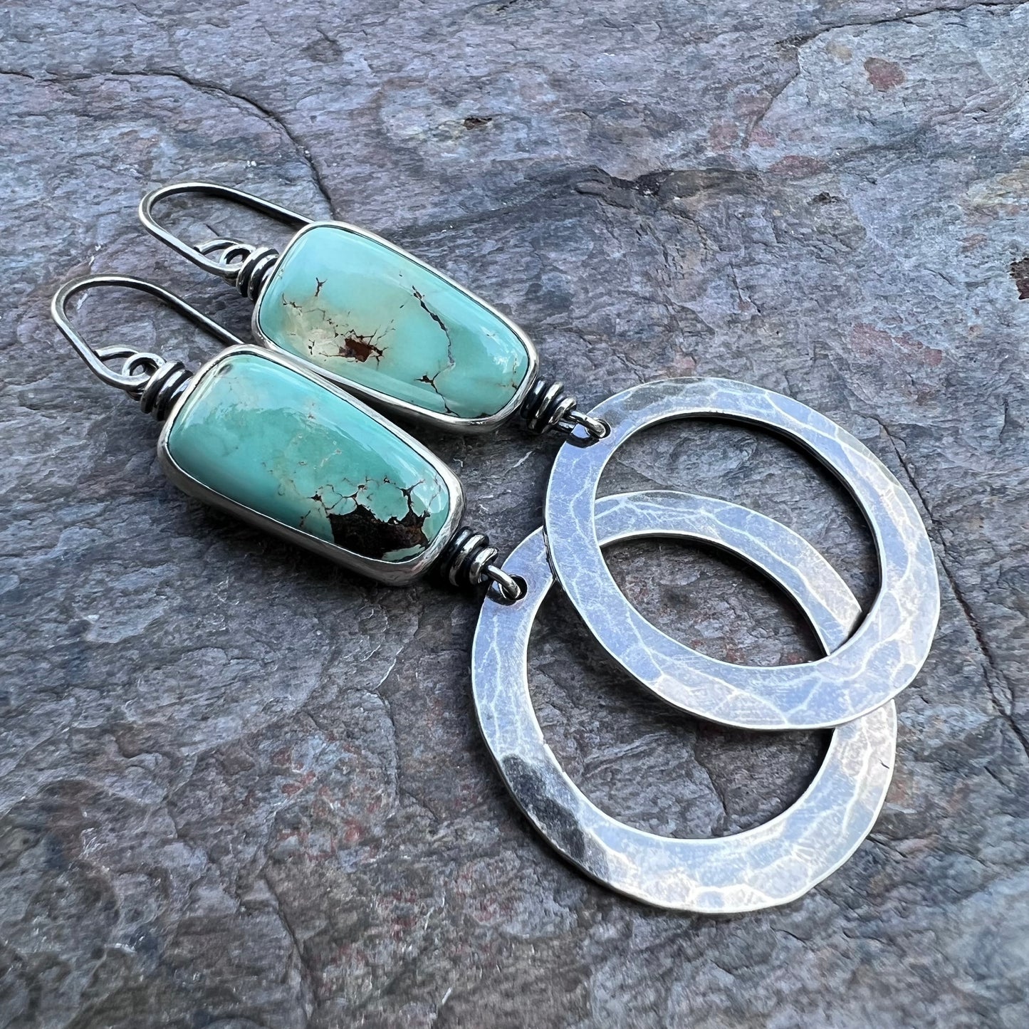 Turquoise Sterling Silver Hammered Hoop Earrings - Handmade One-of-a-kind Earrings