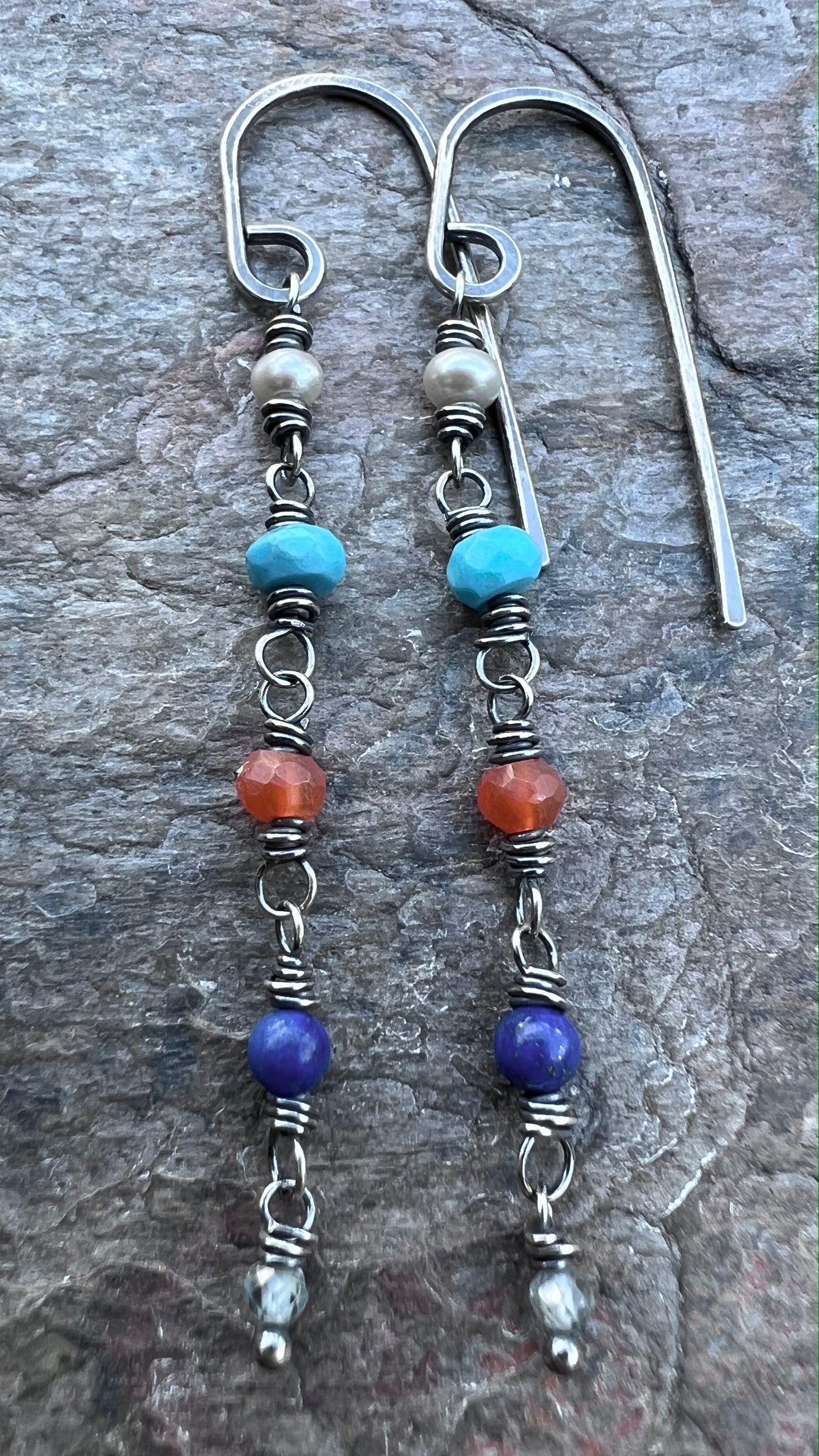 Sterling Silver Natural Stone Earrings - Pearl, Turquoise, Carnelian, Lapis Lazuli, Zircon and Black Pearl Earrings